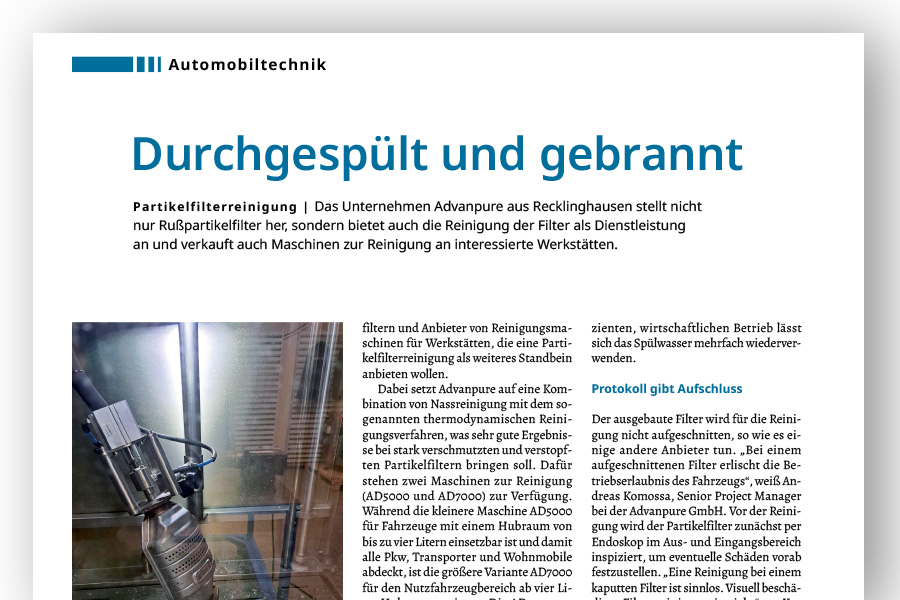 Partikelfilterreinigung mit Advanpure: Bericht in der Auto Service Praxis