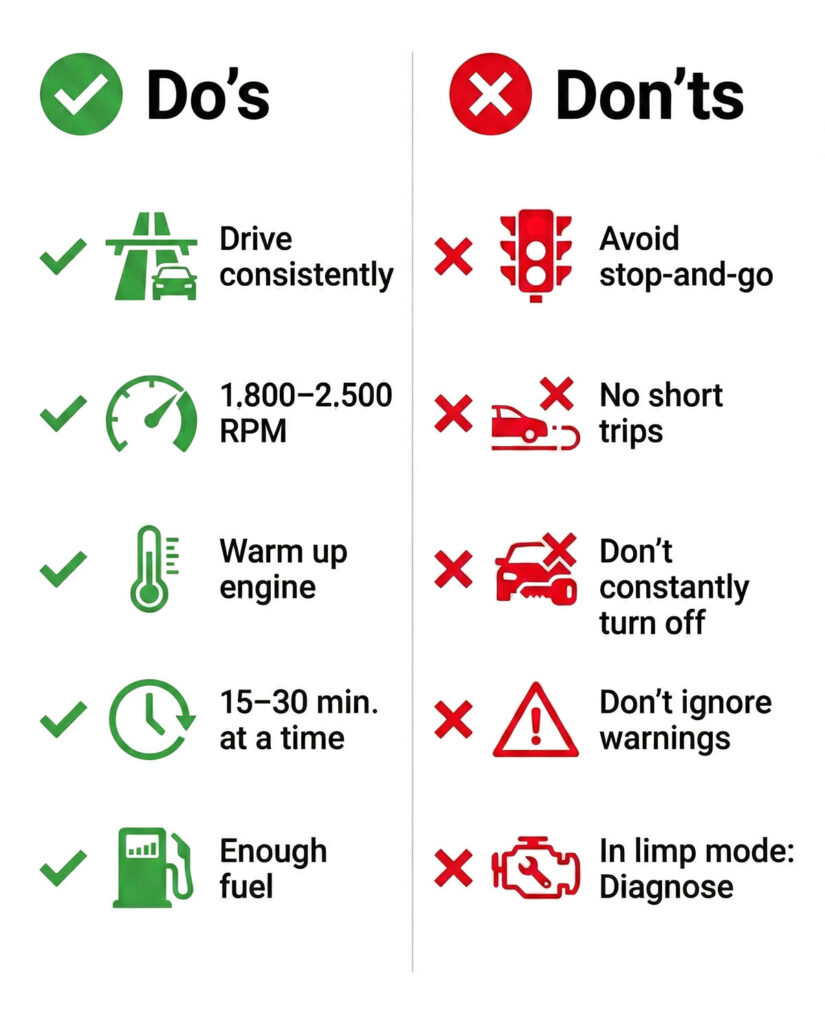 Do's & Don'ts checklist for DPF warning light: warm up, drive constantly, enough fuel; avoid: Short trips, stop-and-go, engine off.