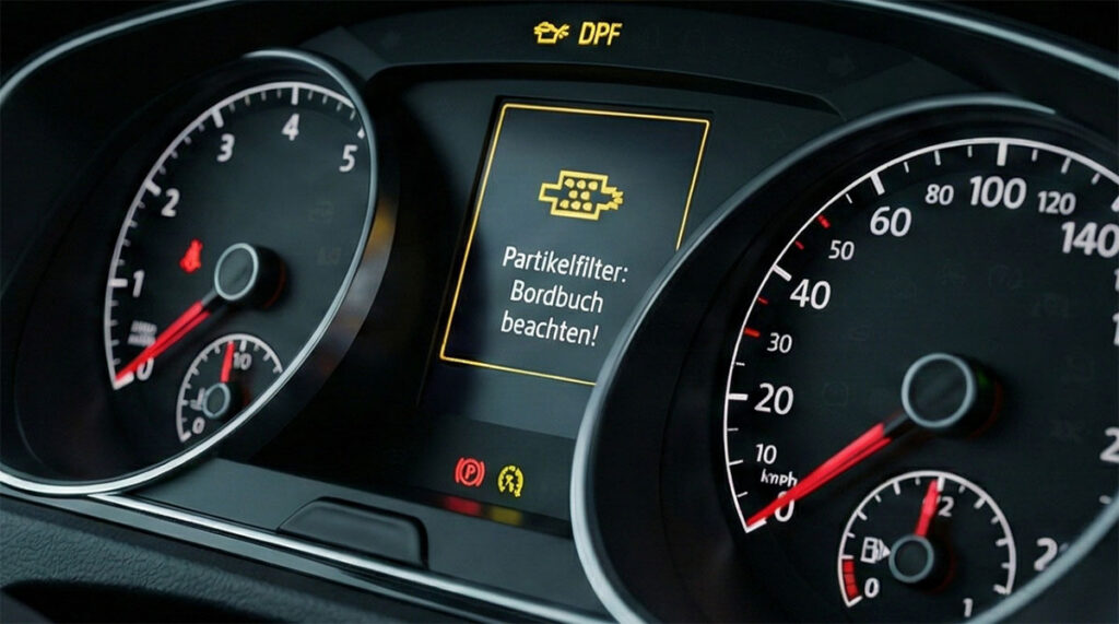 Instrumententafel mit aktivierter DPF-Warnlampe und Hinweis zum Partikelfilter.