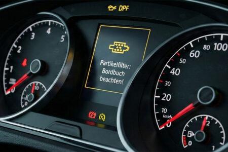Instrumententafel mit aktivierter DPF-Warnlampe und Hinweis zum Partikelfilter.