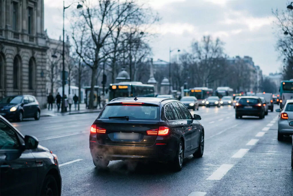Dieselauto im Stadtverkehr am Morgen, ruhige Stimmung, ohne Logos und ohne Kennzeichen.