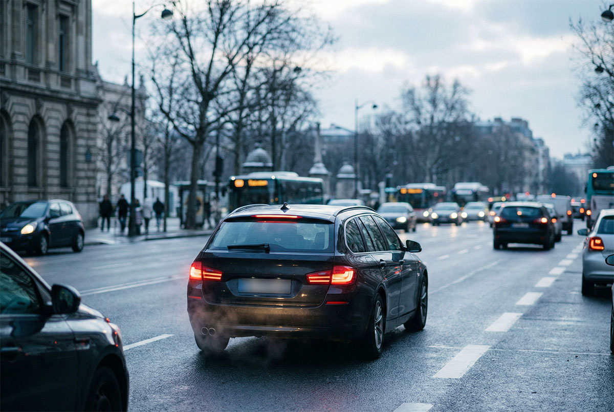 Dieselauto im Stadtverkehr am Morgen, ruhige Stimmung, ohne Logos und ohne Kennzeichen.