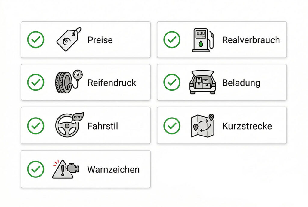 Cleane Checklisten-Grafik mit den wichtigsten Prüfpunkten bei steigenden Dieselkosten oder Mehrverbrauch.