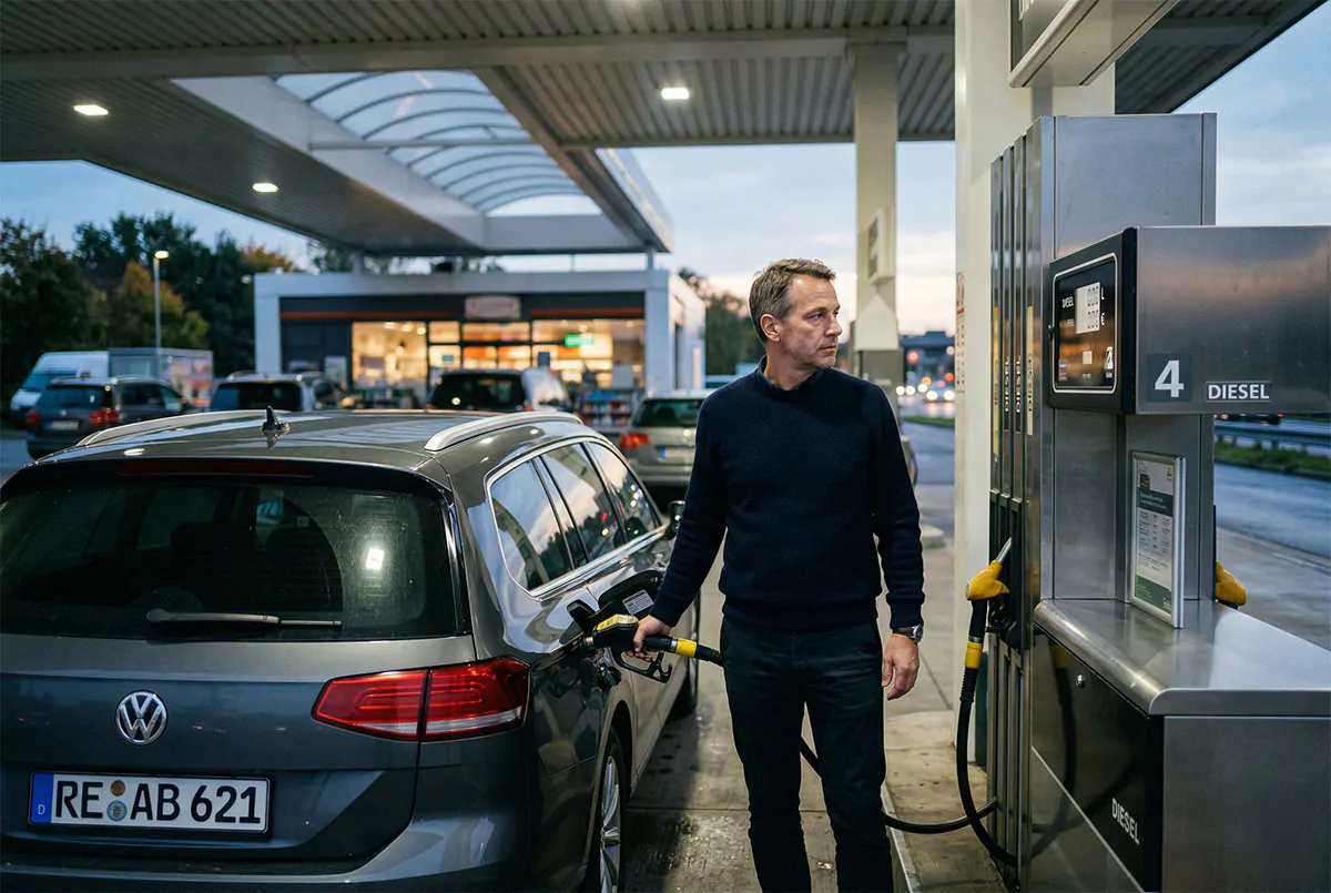 Neutraler Diesel-PKW an einer Tankstelle mit nachdenklicher Alltagsszene als Symbol für hohe Dieselpreise.