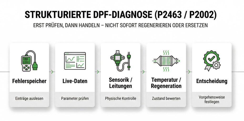 Fünfstufige Diagnosegrafik für P2463 und P2002 von Fehlerspeicher über Live-Daten bis zur Entscheidung zwischen Reinigung, Reparatur oder Austausch.