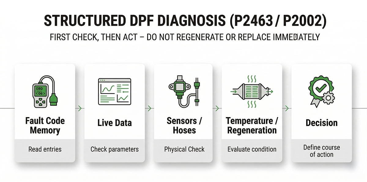 Five-stage diagnostic graphic for P2463 and P2002 from fault memory to live data to the decision between cleaning, repair or replacement.