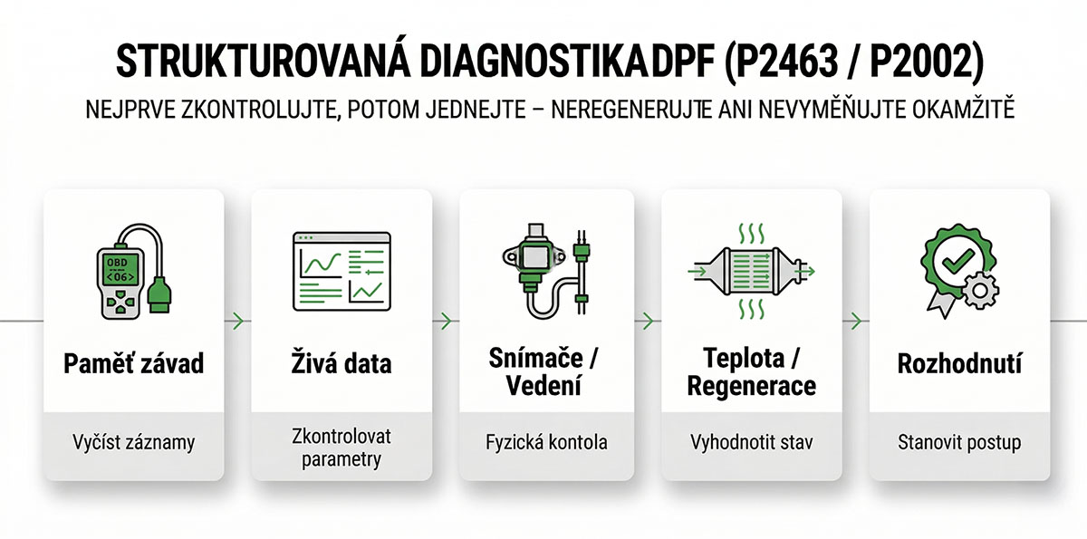 Pětistupňová grafická diagnostika pro P2463 a P2002 od paměti závad a živých dat až po rozhodnutí mezi čištěním, opravou nebo výměnou.
