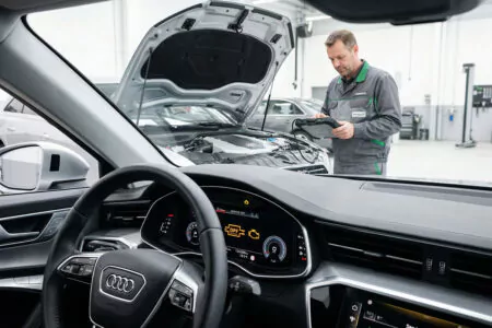 Leuchtende Warnanzeige im Diesel-Cockpit mit Diagnosehintergrund zu den Fehlercodes P2463 und P2002.