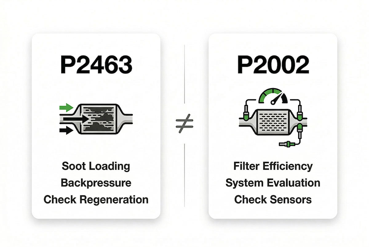 Comparison chart with two cards: P2463 stands for soot loading and back pressure, P2002 for filter effect and system evaluation.