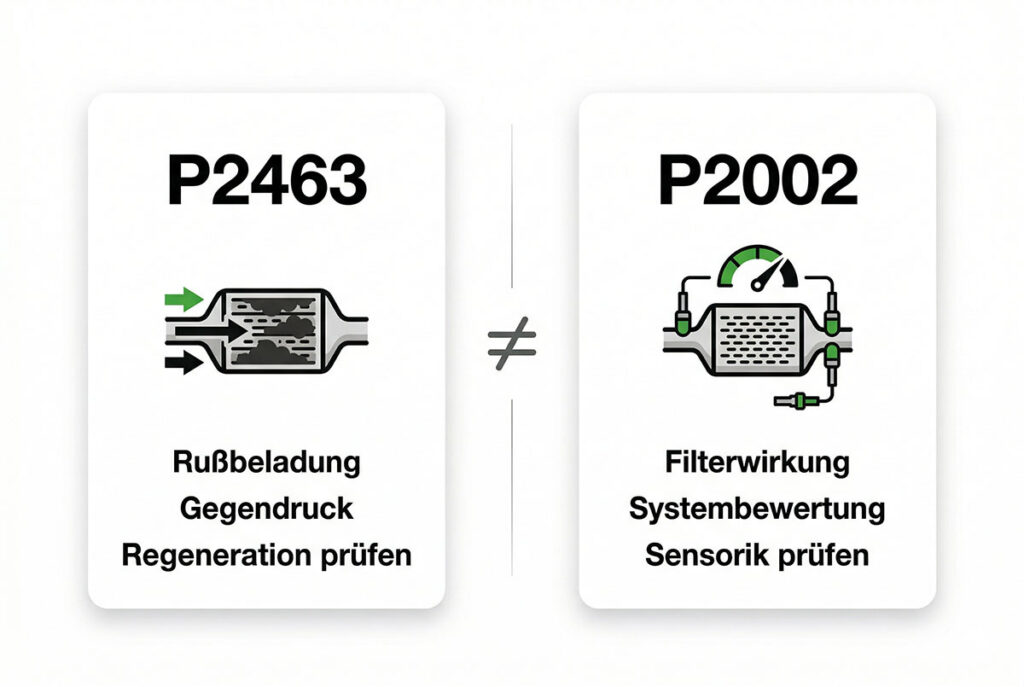 Vergleichsgrafik mit zwei Karten: P2463 steht für Russbeladung und Gegendruck, P2002 für Filterwirkung und Systembewertung.